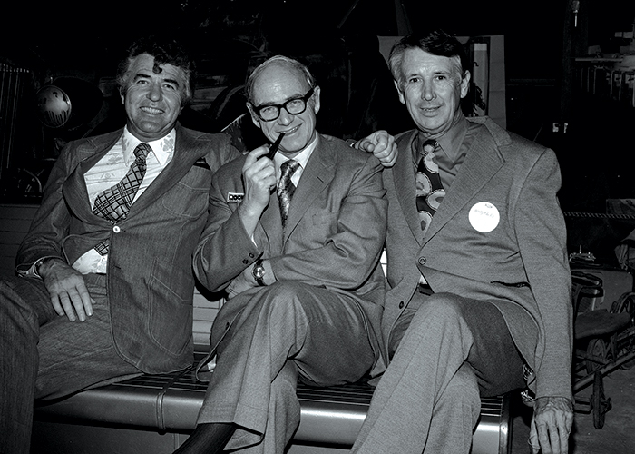 Carroll Shelby, Tom Binford and Wally Parks take a break at the 1972 SEMA Show.