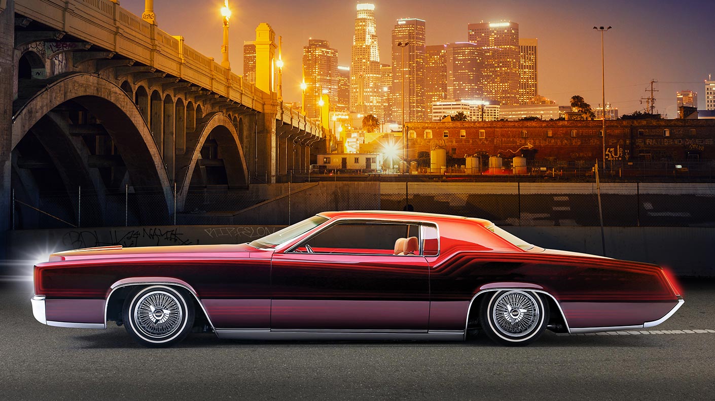 Rendered image of a lowrider next to the LA River and the 3rd St. bridge in the background. East Los.