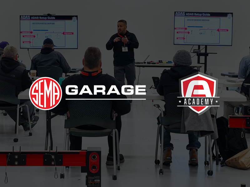 SEMA Garage and Autel Academy logos overlay a classroom setting with students and teacher