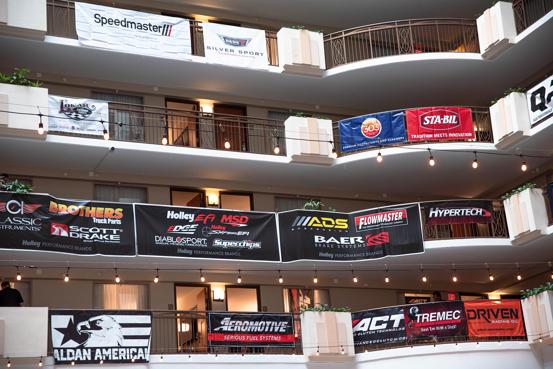 View from hotel Lobby of the MTC manufacturers banners draped over the walkway banisters