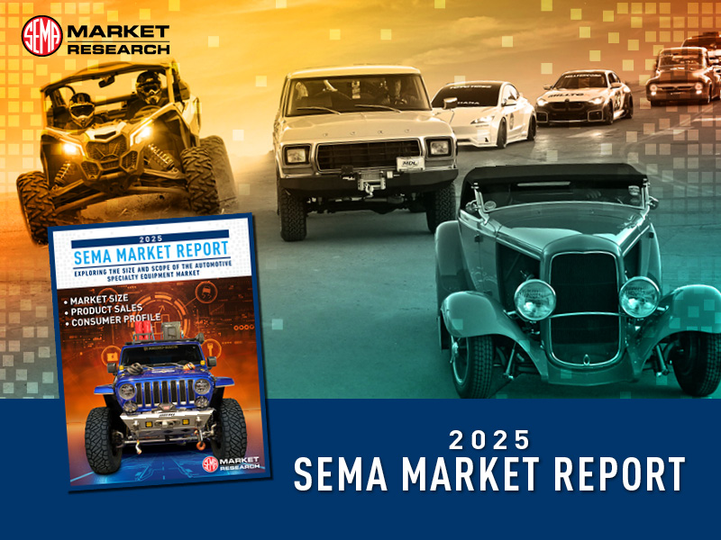 2025 SEMA Market ReportsVarious cars including hot rods, trucks, etc. on a gradient, stylized background