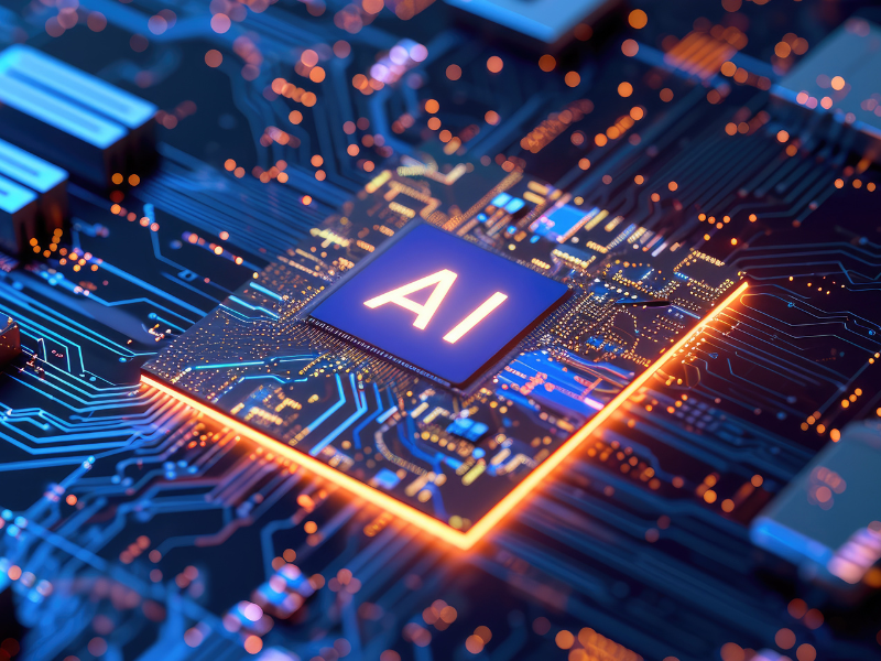 Computer circuit board with a glowing cpu chip that says &quot;AI&quot;