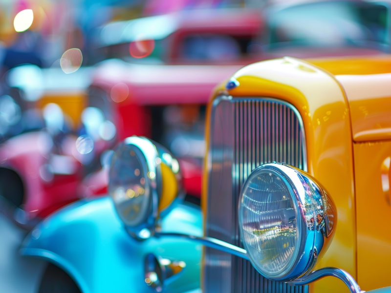 Front end of an old yellow Hot Rod