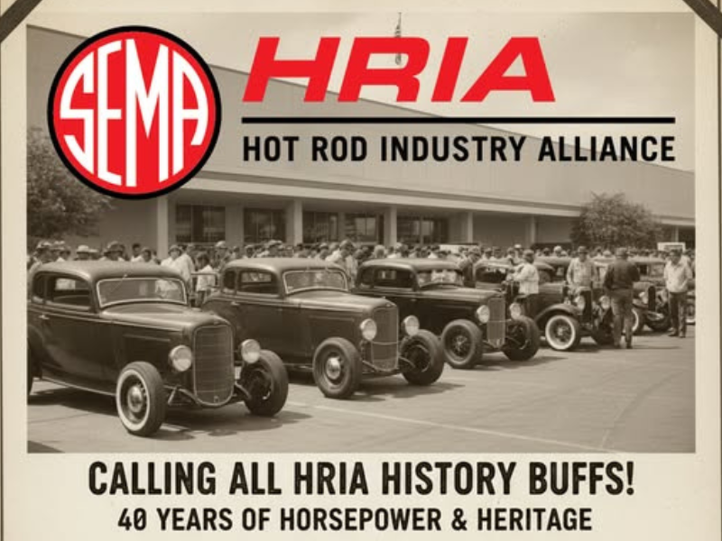 HRIA History Book. Old photo of hot rods parked next to each other.