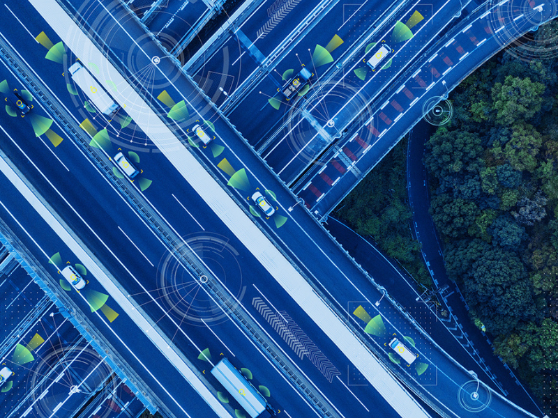 Aerial top down view of highway interchange