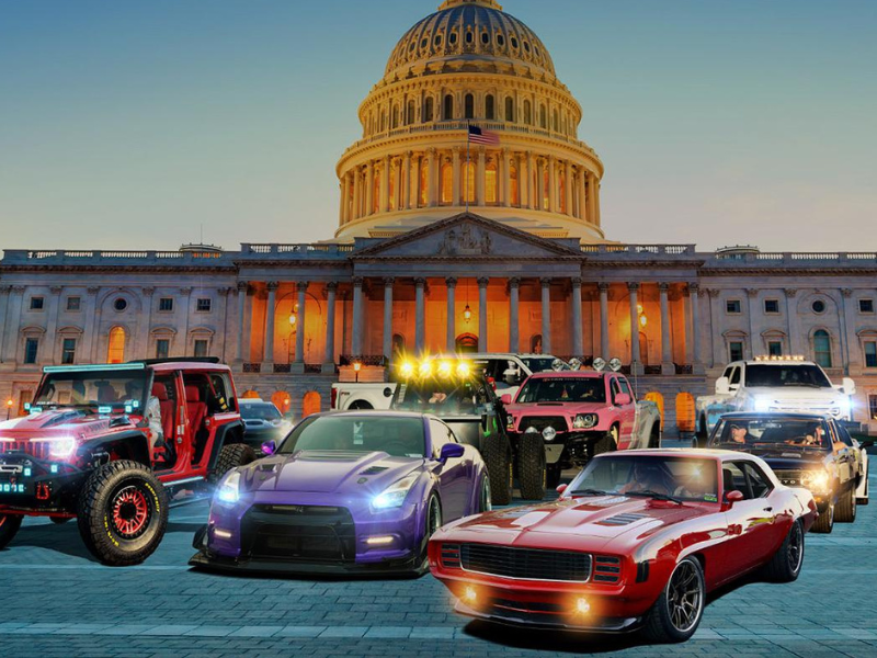 Variety of cars parked in front of the Capitol Building. Artistic rendering.