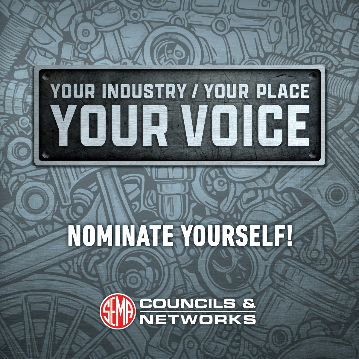 Illustration mosaic background of engine parts with message Your Industry Your Voice Nominate Yourself