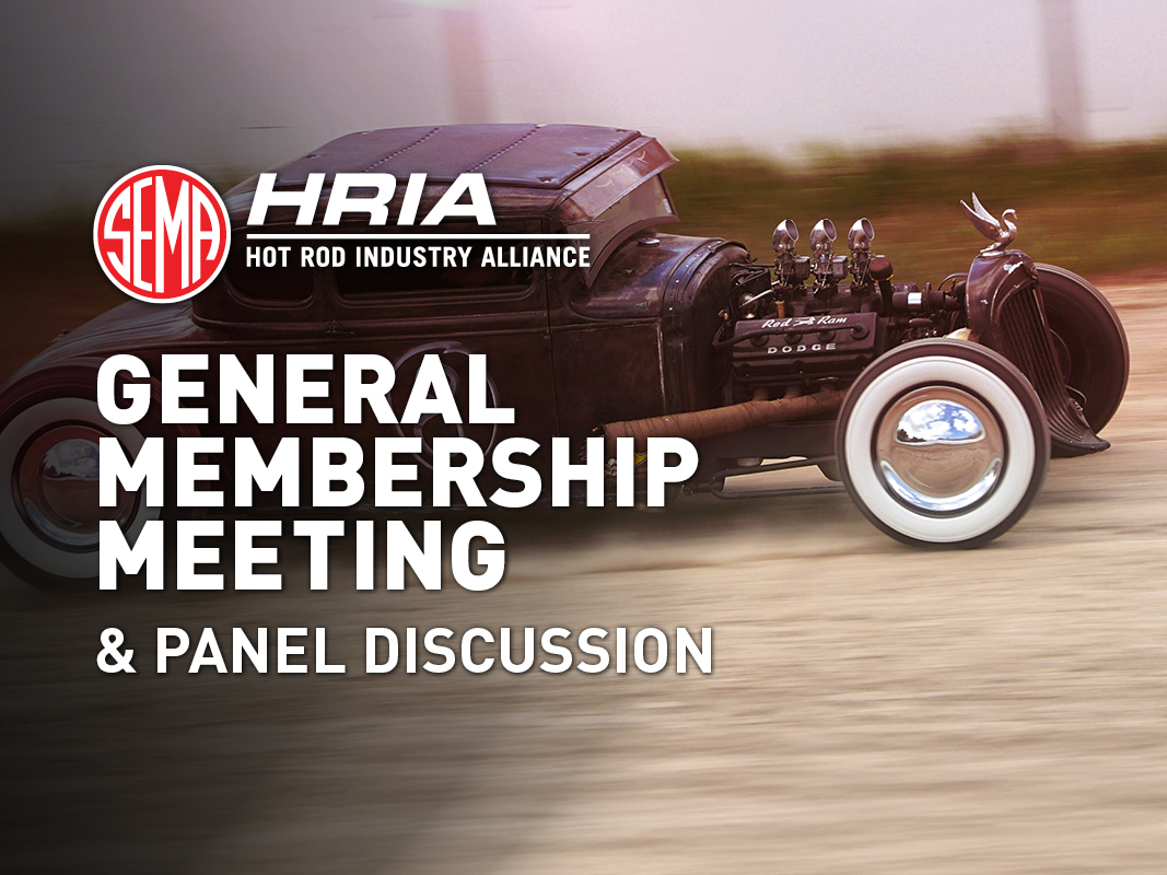 Hot rod in motion with text overlaid - General Membership Meeting &amp; Panel Discussion
