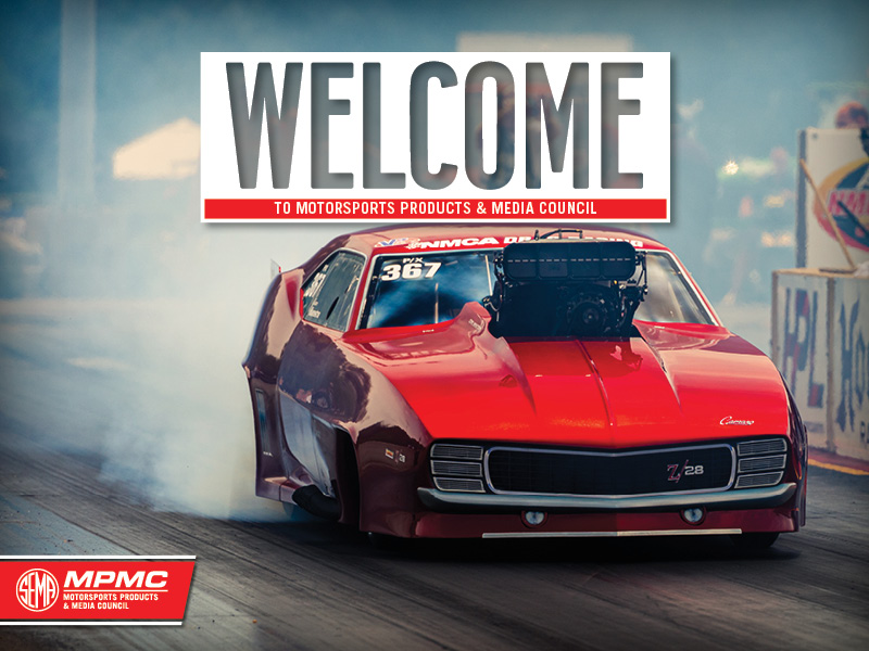 Dragster with smoking tires on track with welcome text