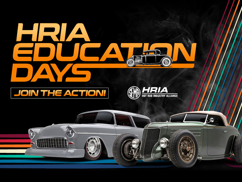 HRIA Education Days - Join the Action. Hot rods with a graphic swoosh behind them.