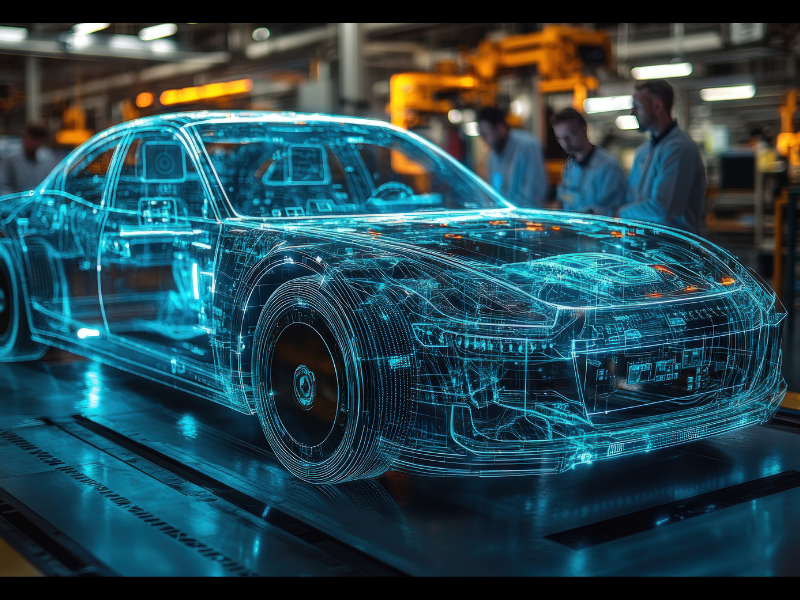 Futuristic full size, glowing CAD rendering of a car being observed by a small crowd.  