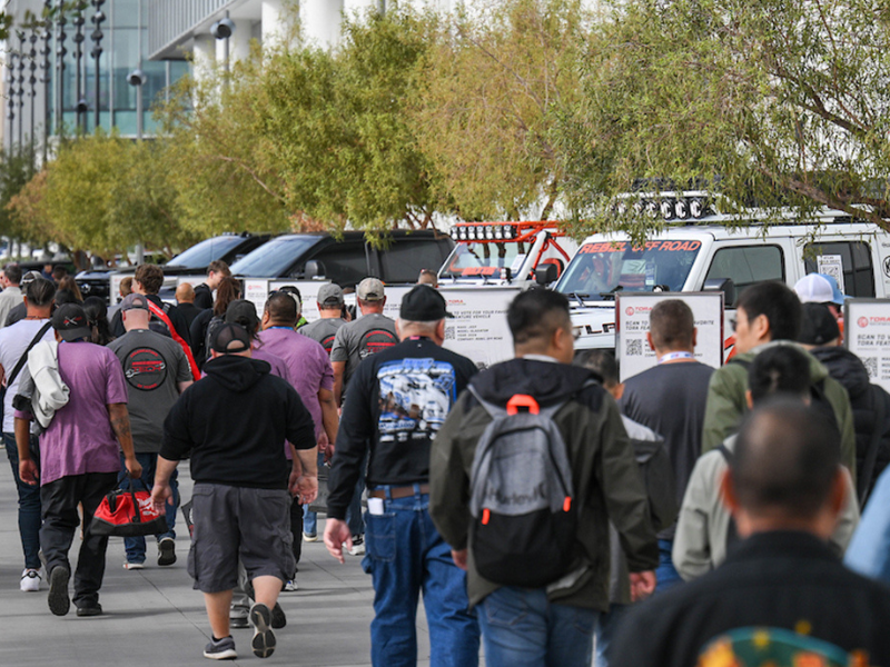 Crowd outside the SEMA Show looking at Feature Vehicles