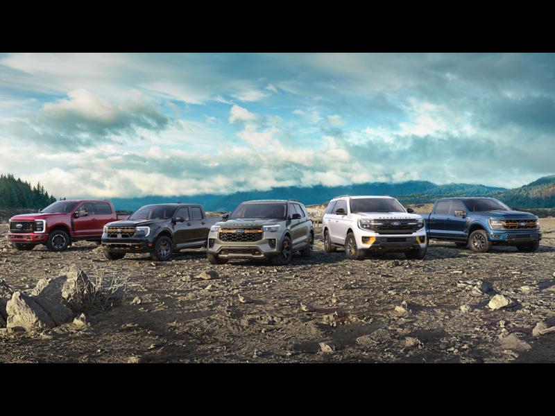 Ford trucks lined up in a rocky desert climate with a blue sky above.