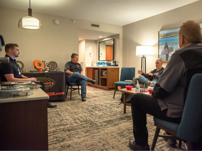 Interview taking place in hotel suite with exhibitor and media