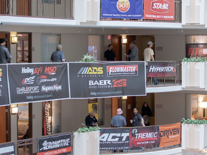 Bran banners hanging from railings of hotel balconies