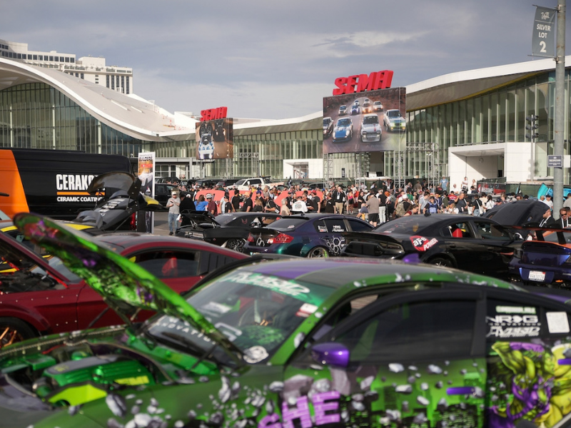 SEMA Show exterior with cars on display