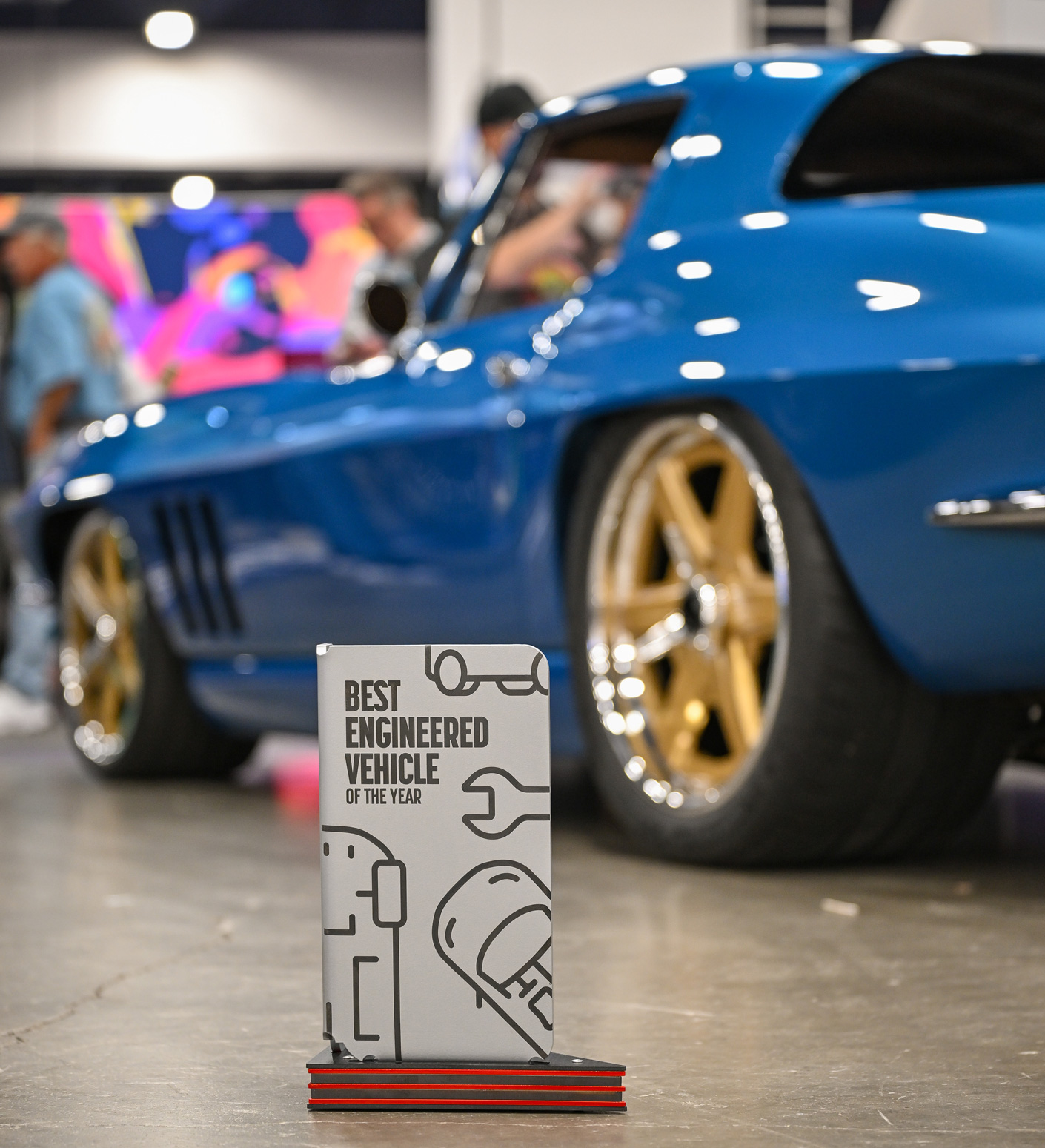 SEMA Best Engineered Vehicle trophy near Serious66 Kuhnhausen Metal Concepts