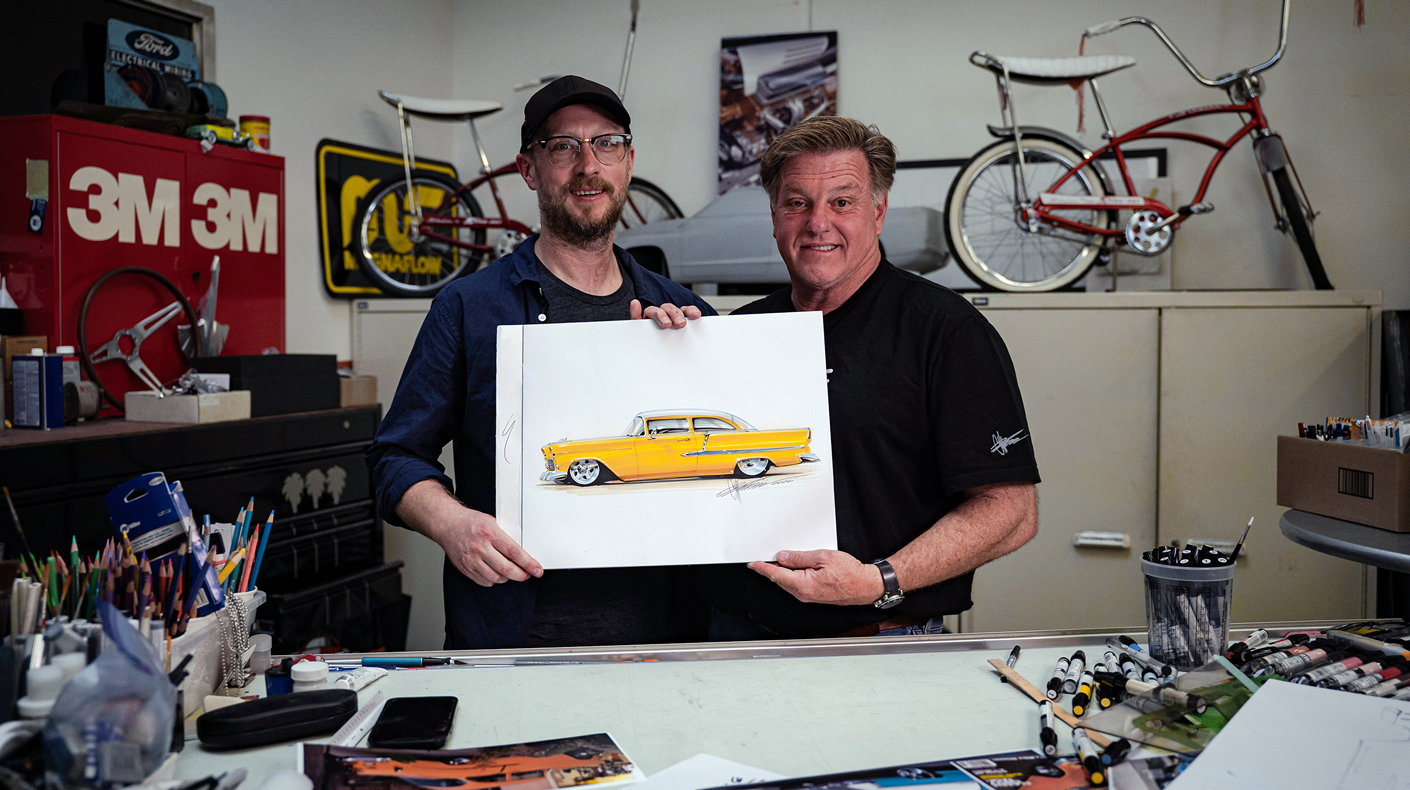 Image of Chip Foose and Ben with the vehicle rendering.