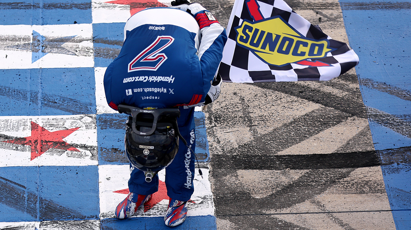 An image of Kyle Busch after winning a Truck Series race.