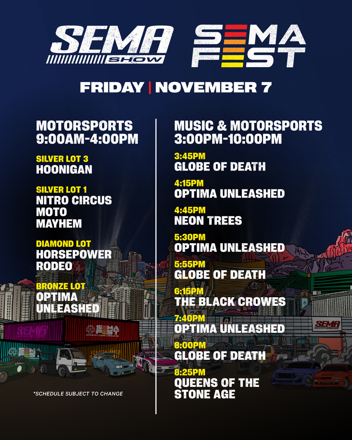 SEMA Fest run of show lineup 2025