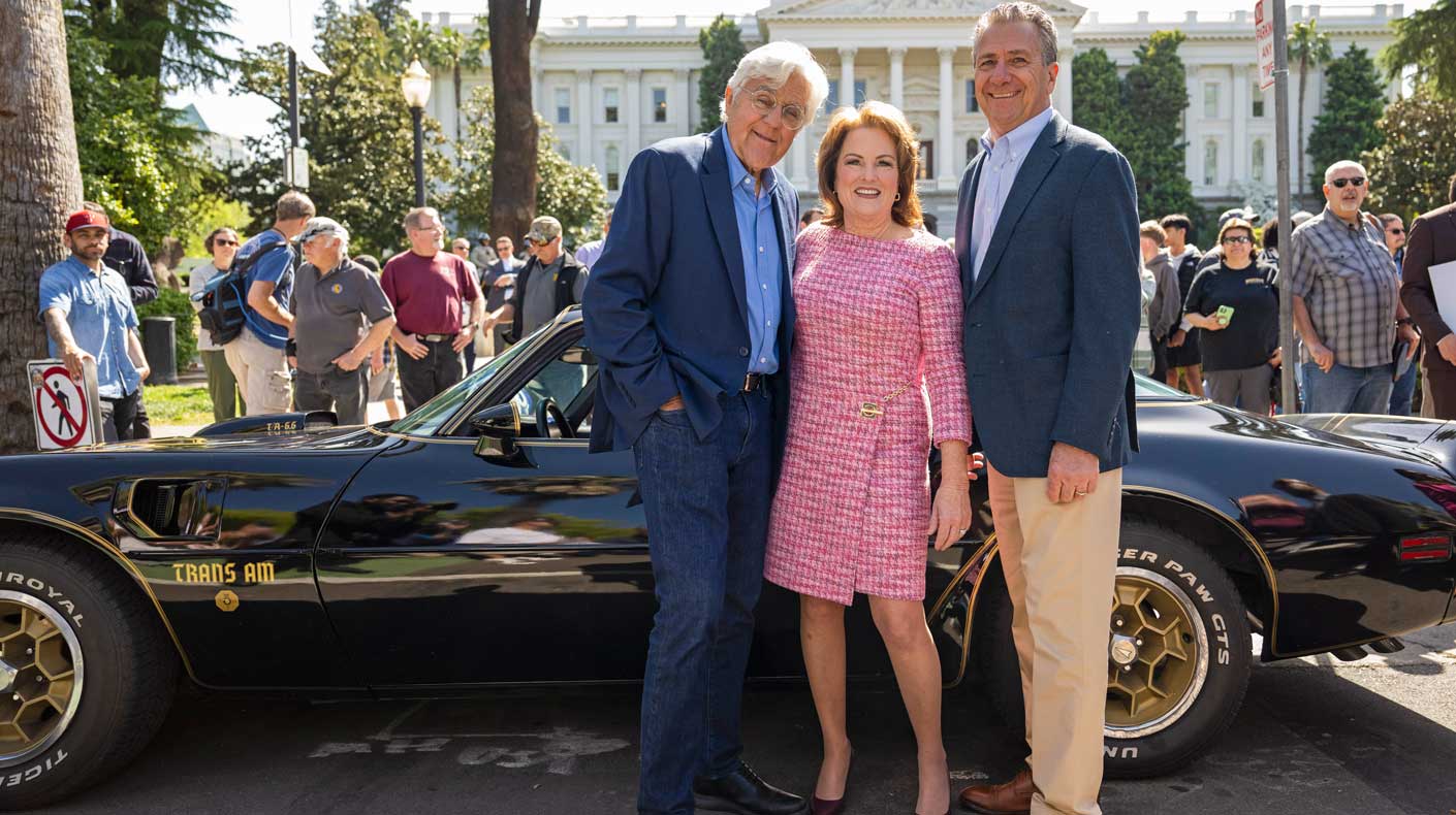 Jay Leno, Rep. Shannon Grove and SEMA CEO Mike Spagnola.