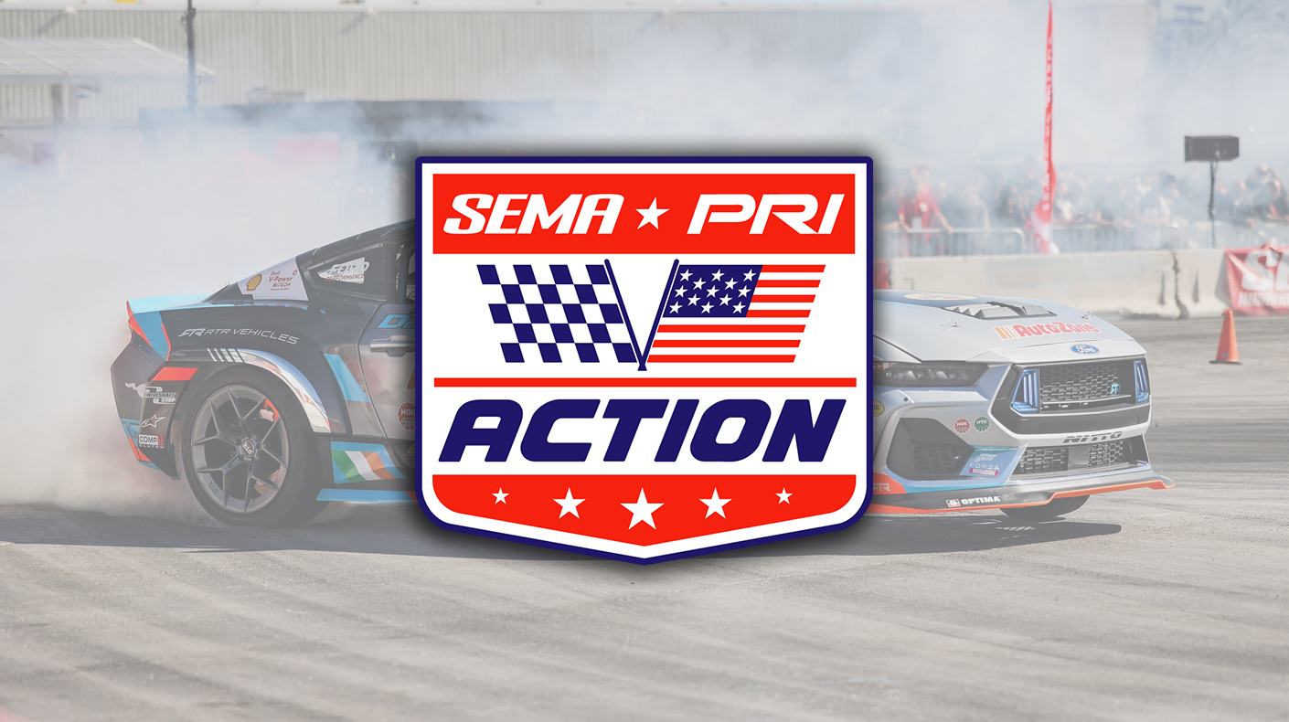 SEMA and PRI Action logo overtop a drifting mustang.