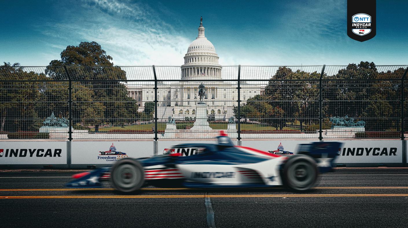 A rendering of an Indycar driving by the U.S. Capitol during the Freedom 250 Grand prix.
