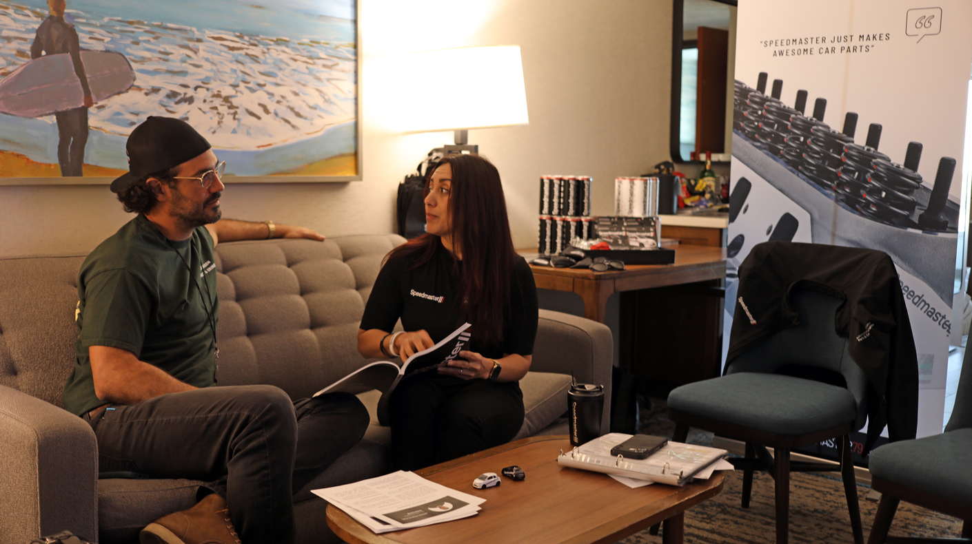 Speedmaster rep speaks to a member of the media during the 2026 MPMC Media Trade Conference