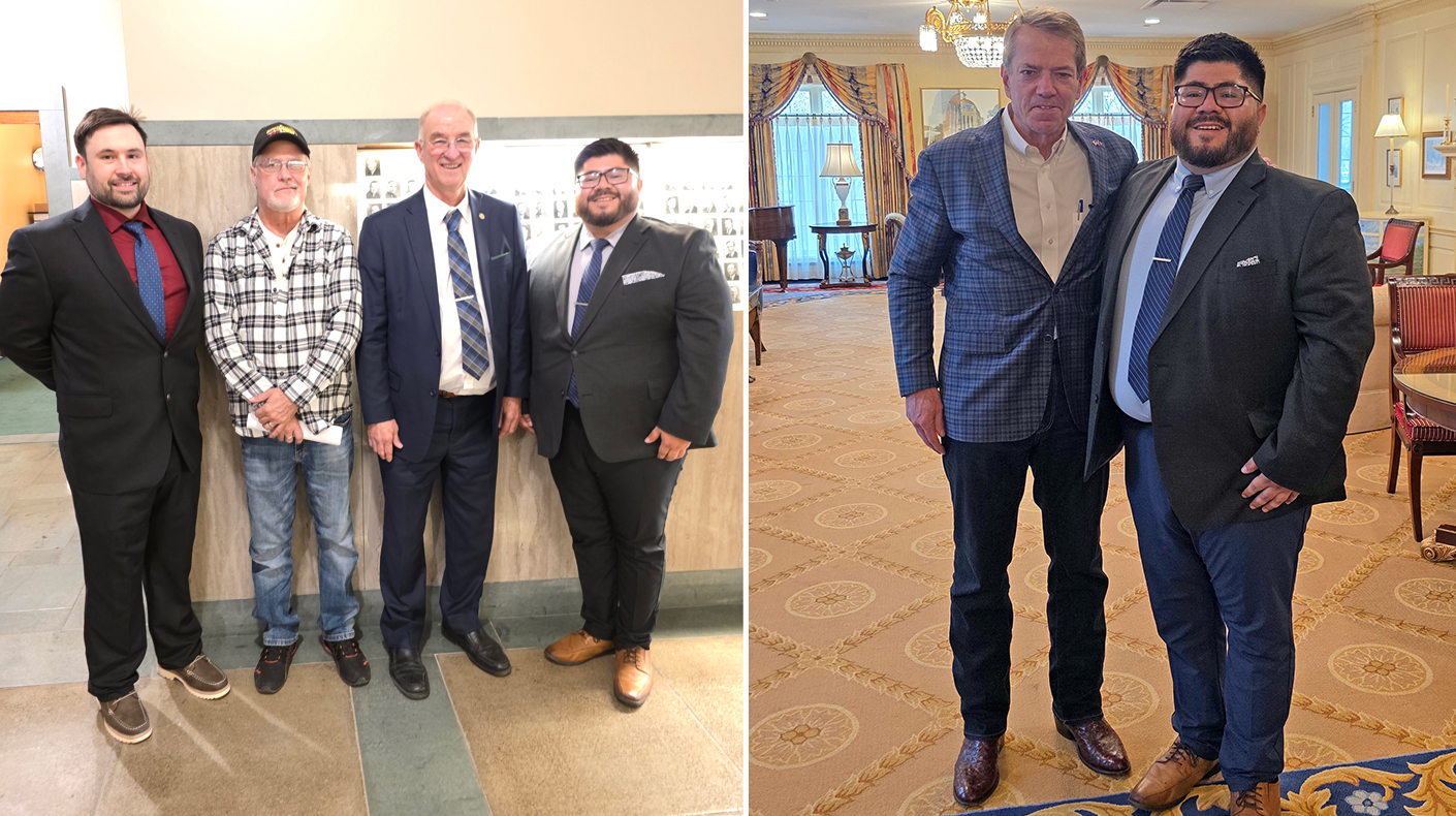 Left image, from left to right: Trevor Baker, race car driver; Tommy Denton, director of Competition and promoter at Beatrice Speedway; Nebraska State Senator Myron Dorn (R-30); and Victor Muñoz, senior manager of state government affairs for PRI. Right image: Nebraska Governor Pillen, left, met with Muñoz, right, to discuss support for the Right-to-Race bill in the state.