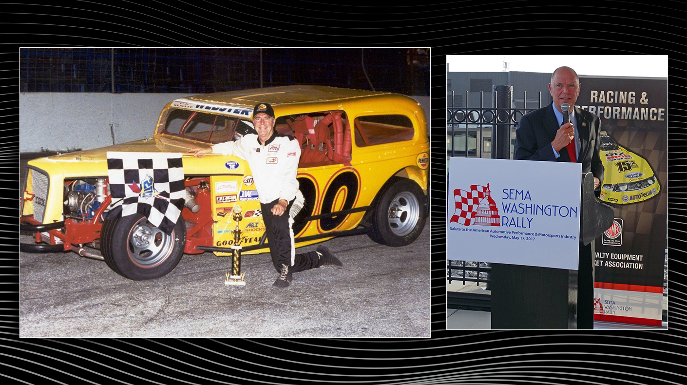 Images of Bill Posey with his race car and at the SEMA Washington Rally.