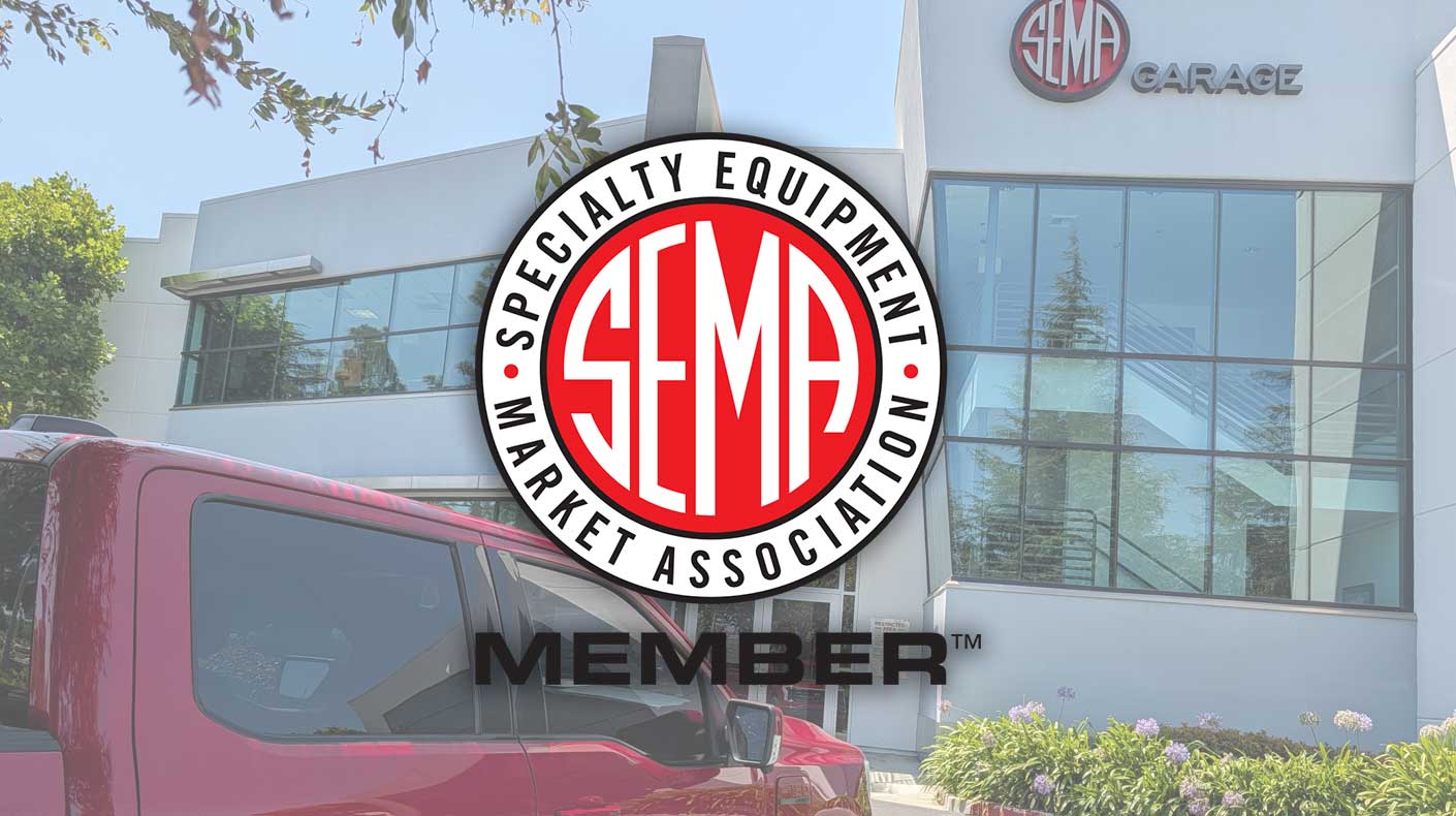 An image of an F-150 Lightning at SEMA Garage and the SEMA Membership logo.