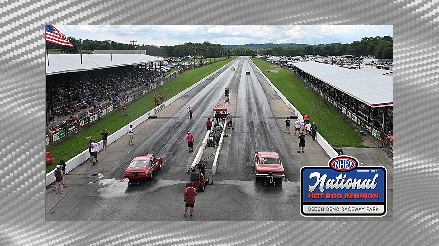 An image of the National Hot Rod Reunion logo overtop a dragstrip.