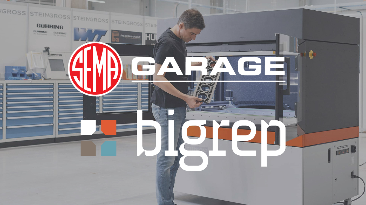 SEMA Garage and BigRep America logos overlaid an image of a 3D printer