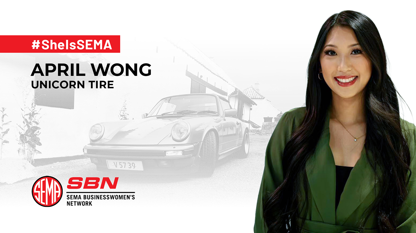 SBN SEMA Spotlight graphic with a headshot of subject April Wong