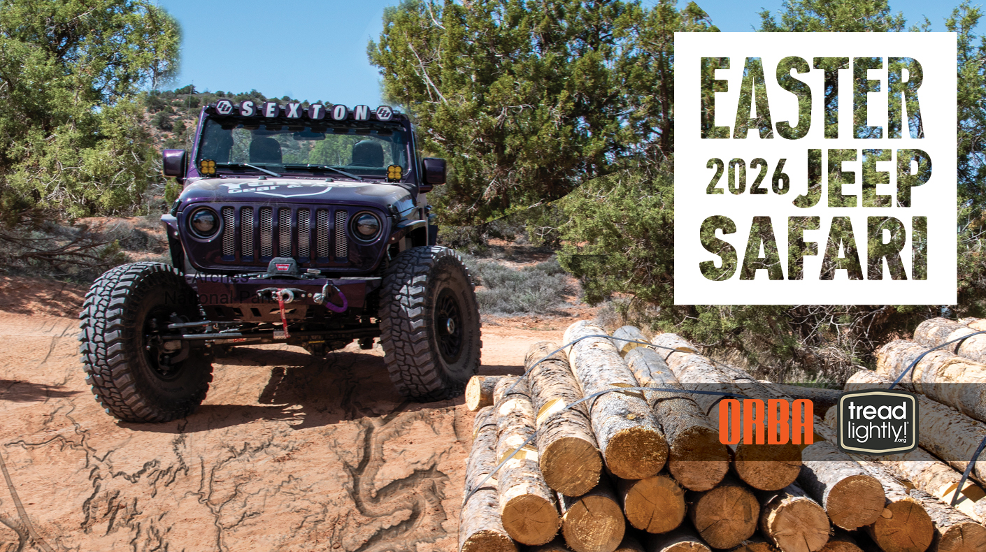 A graphic for the TORA Easter Jeep Safari volunteering event showing a Jeep on a trail next to materials for a trail project.