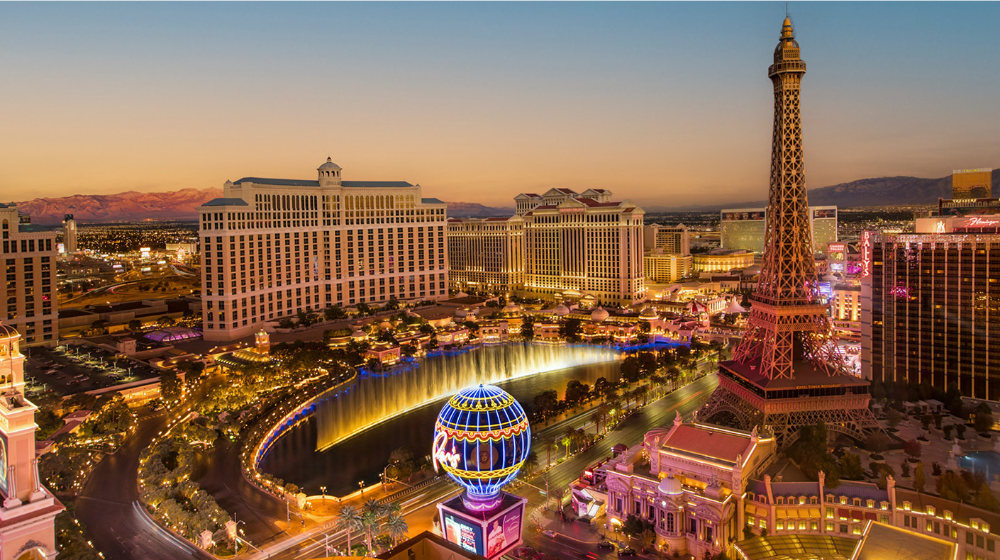 An aerial image of the Las Vegas Strip and hotels.