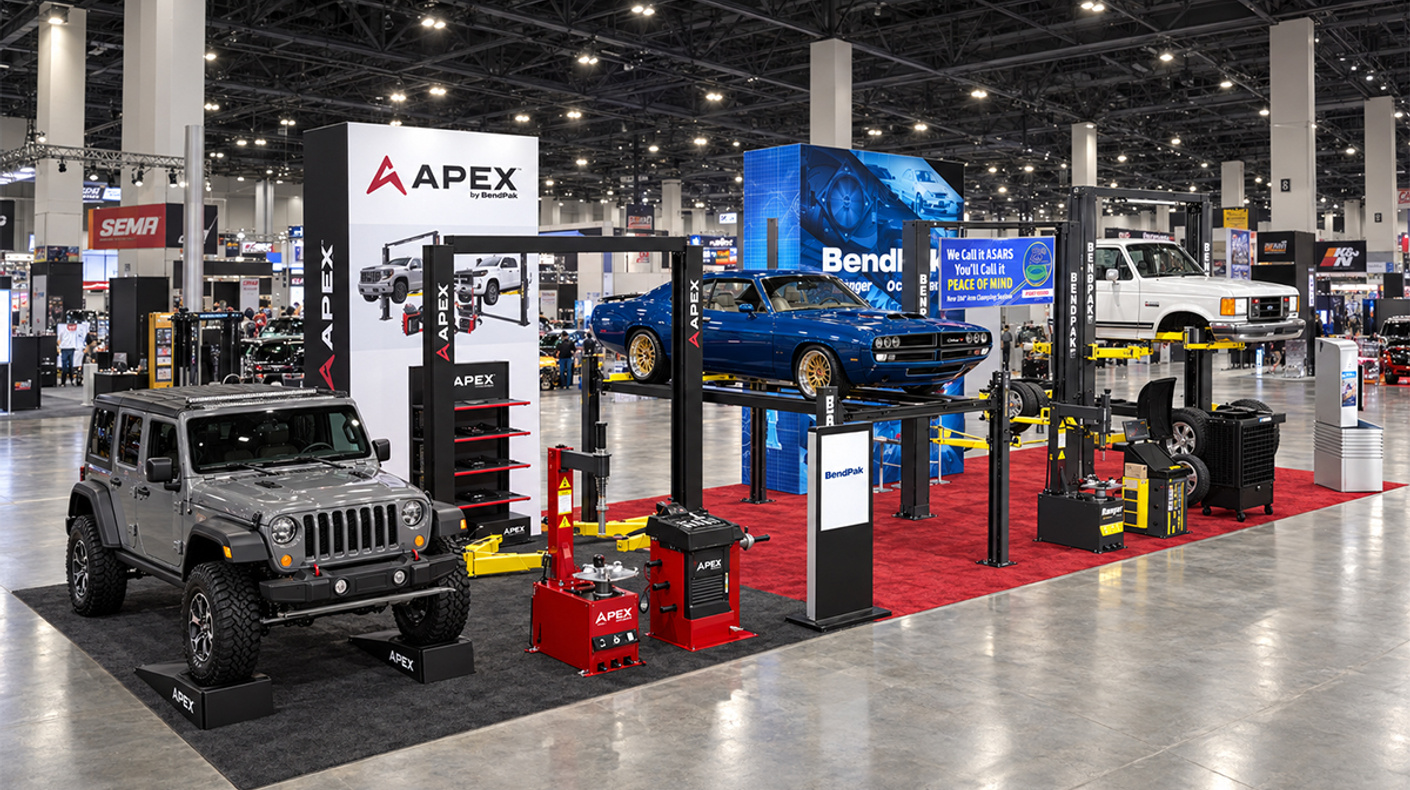 BendPak indoor booth visual showing OctaFlex car lift and APEX equipment.