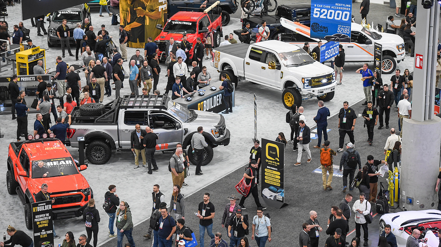 Trucks on the SEMA Show floor.