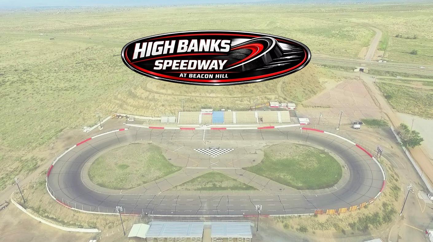 An aerial image of High Banks Speedway with the High Banks Speedway logo.
