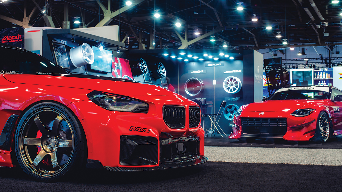 Cars on the SEMA Show floor.