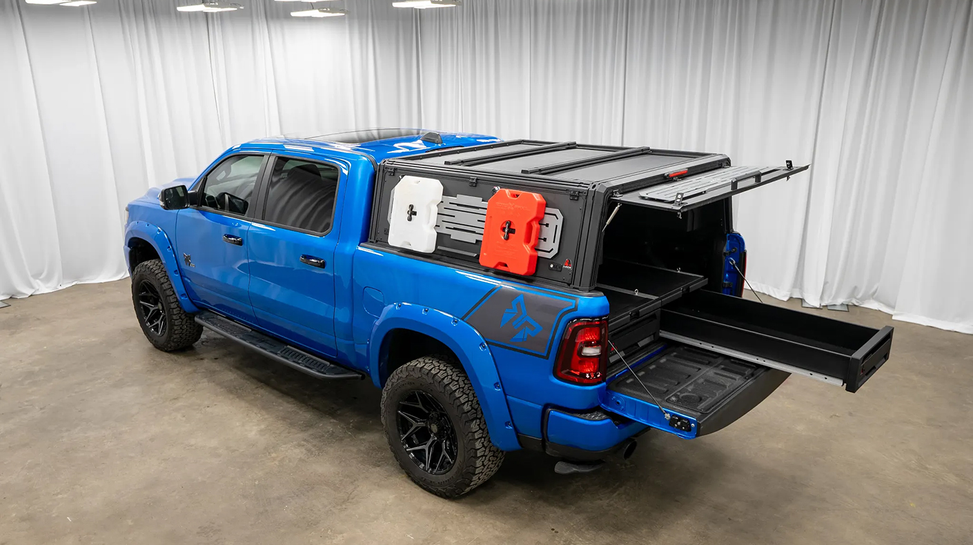 A pickup truck equipped with the LEER NexCap modular truck cap.