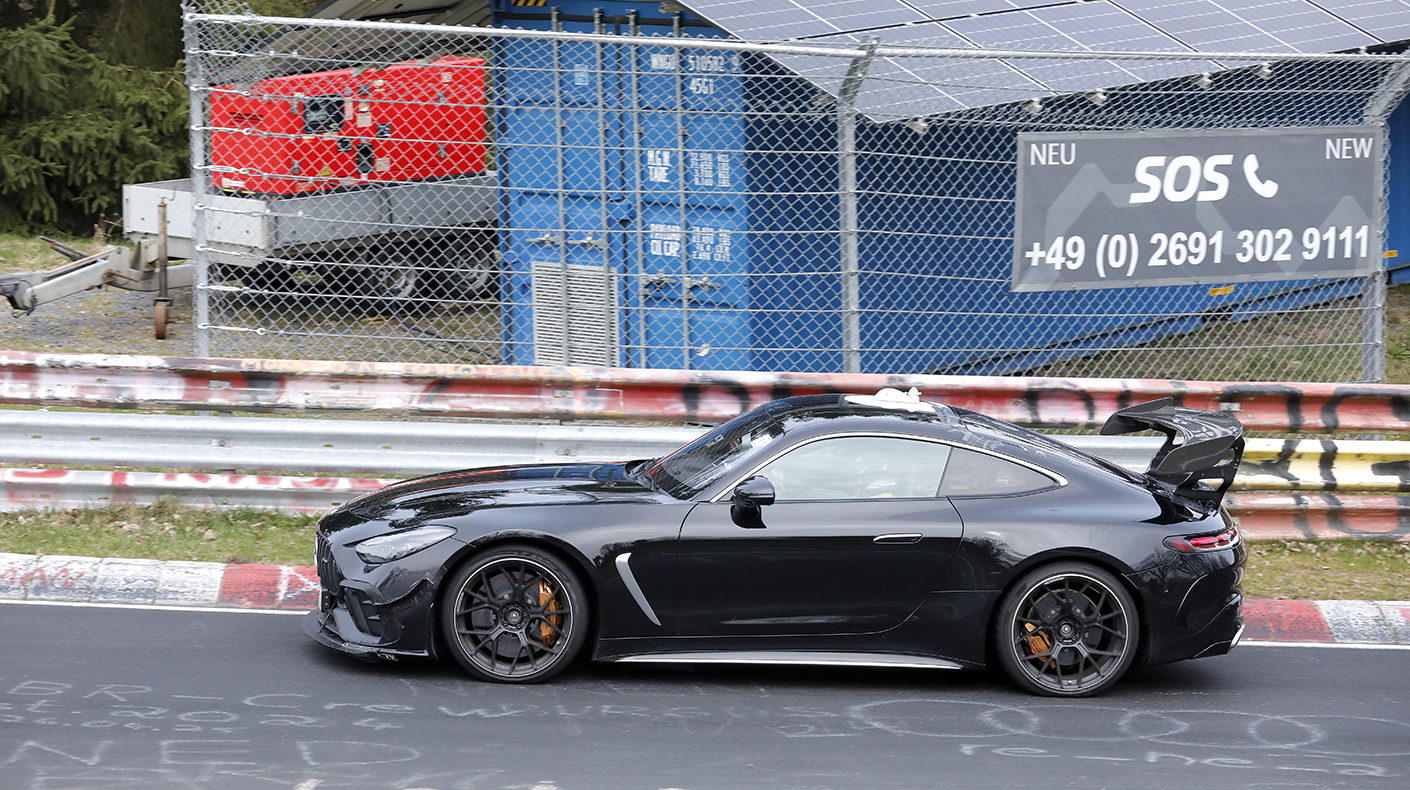 A profile shot of the Mercedes-AMG GT testing on track.