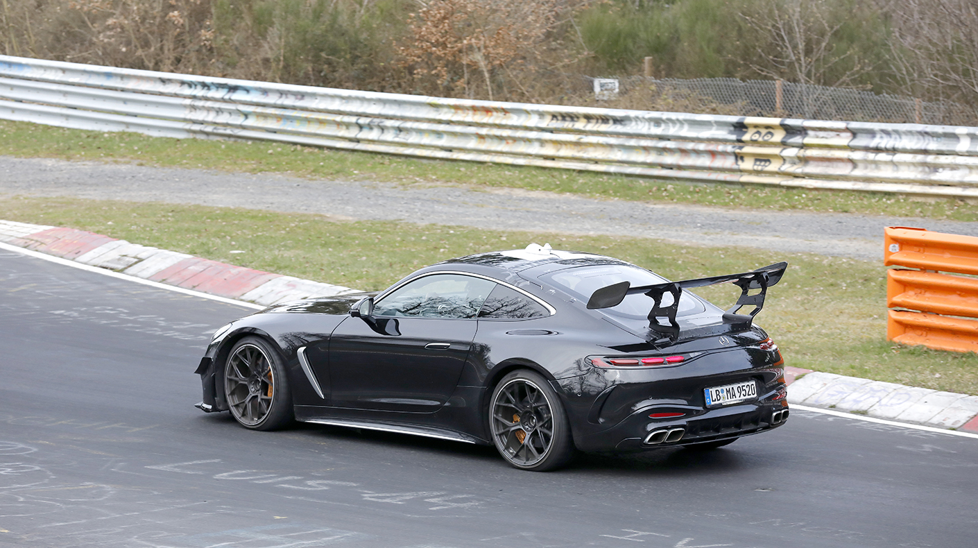 A rear view of the Mercedes-AMG GT testing on track.