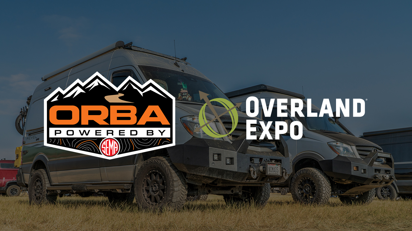 The ORBA and Overland Expo logos over an image of overlanding rigs at the Overland Expo.