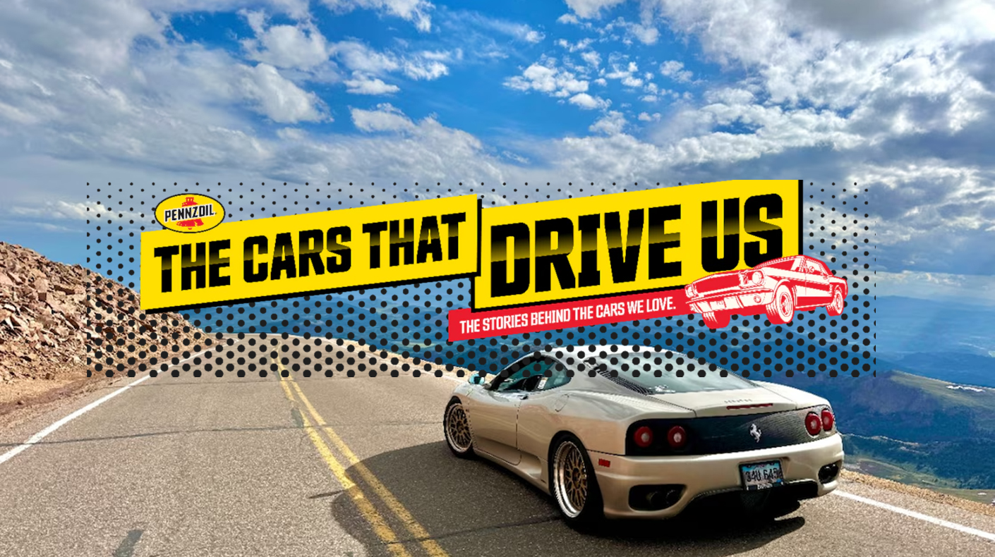 Pennzoil Cars That Drive Us logo over a car on mountain road.