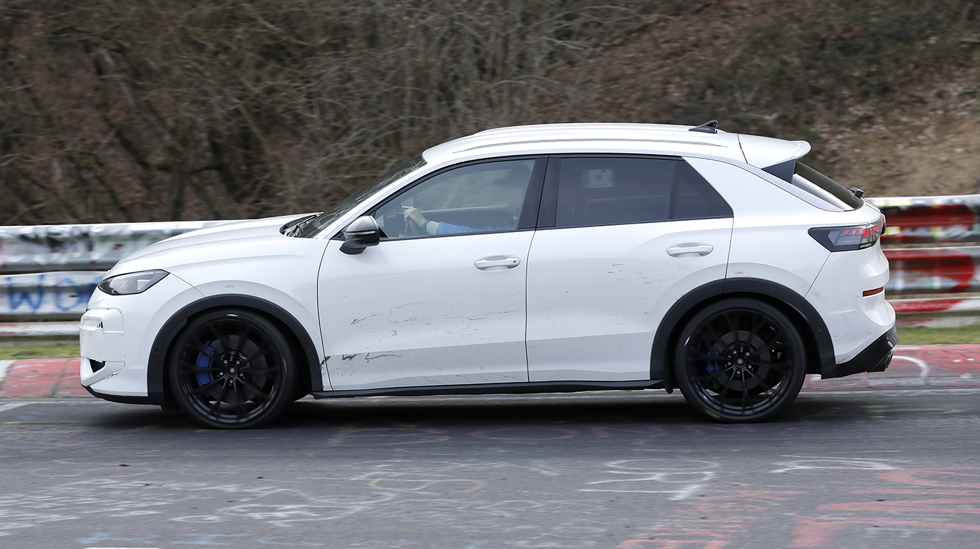 A profile view of the VW T Roc R testing on track.