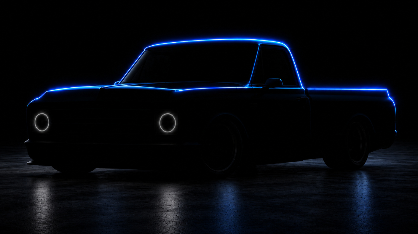 Dark Valor C10 teaser with blue lighting tracing the truck's silhouette.