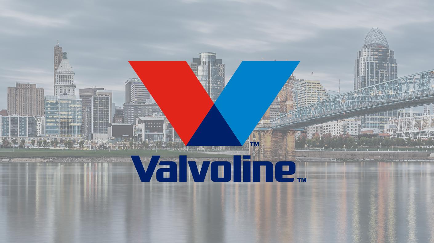 Valvoline logo overtop Cincinnati stock image. Stock image courtesy Shutterstock.