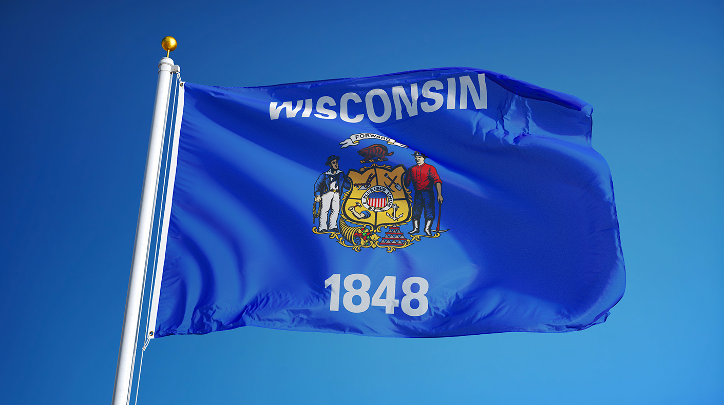 The Wisconsin state flag flying.
