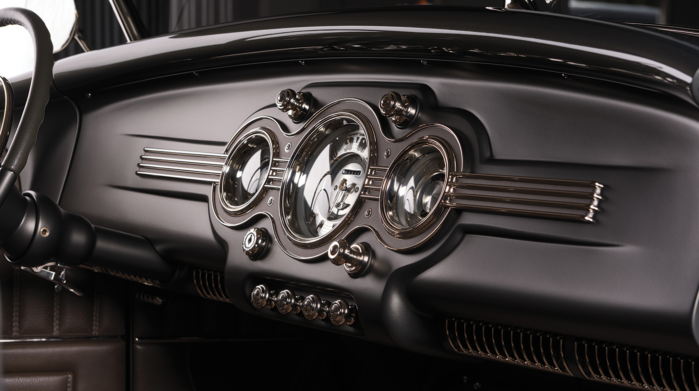 A detailed look at the dashboard of the Fenderless roadster.
